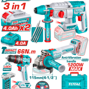 TOTAL 3 Pcs Cordless Combo Kit - Impact Drill, Grinder, Drill, 2 x 4AH Batteries and Charger