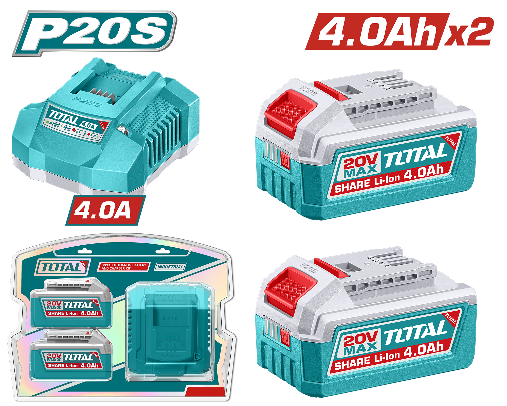TOTAL 2x4Ah Batteries and 1x Charger Kit