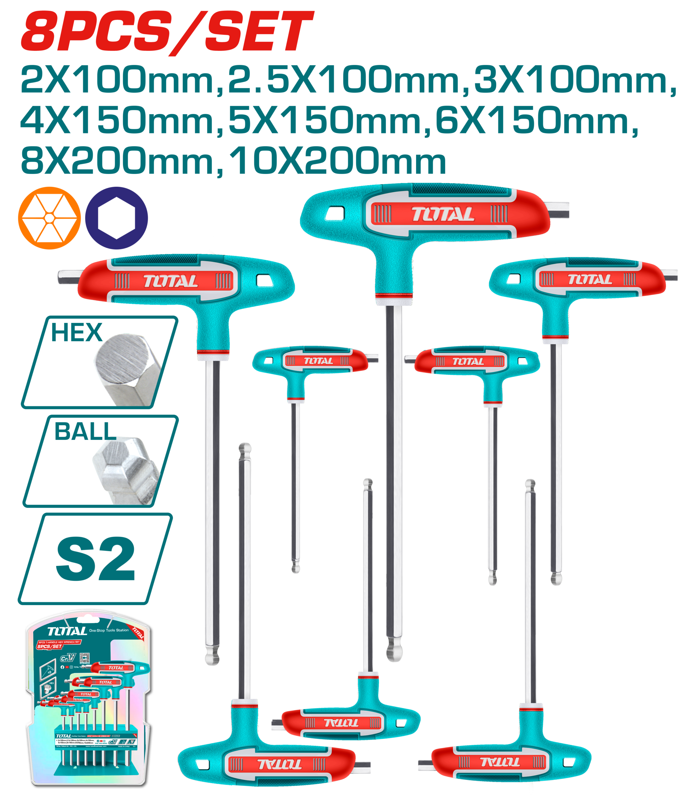 Total 8 Pcs T-handle ball point hex wrench set